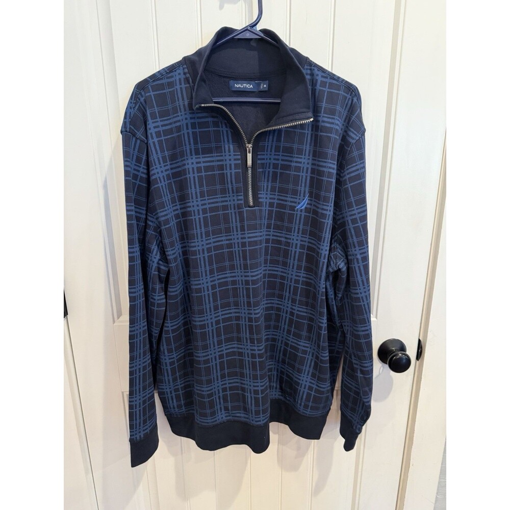NWOT Nautica Men’s XXL Navy Blue Plaid 1/4 Zip Fleece Pullover Embroidered Logo